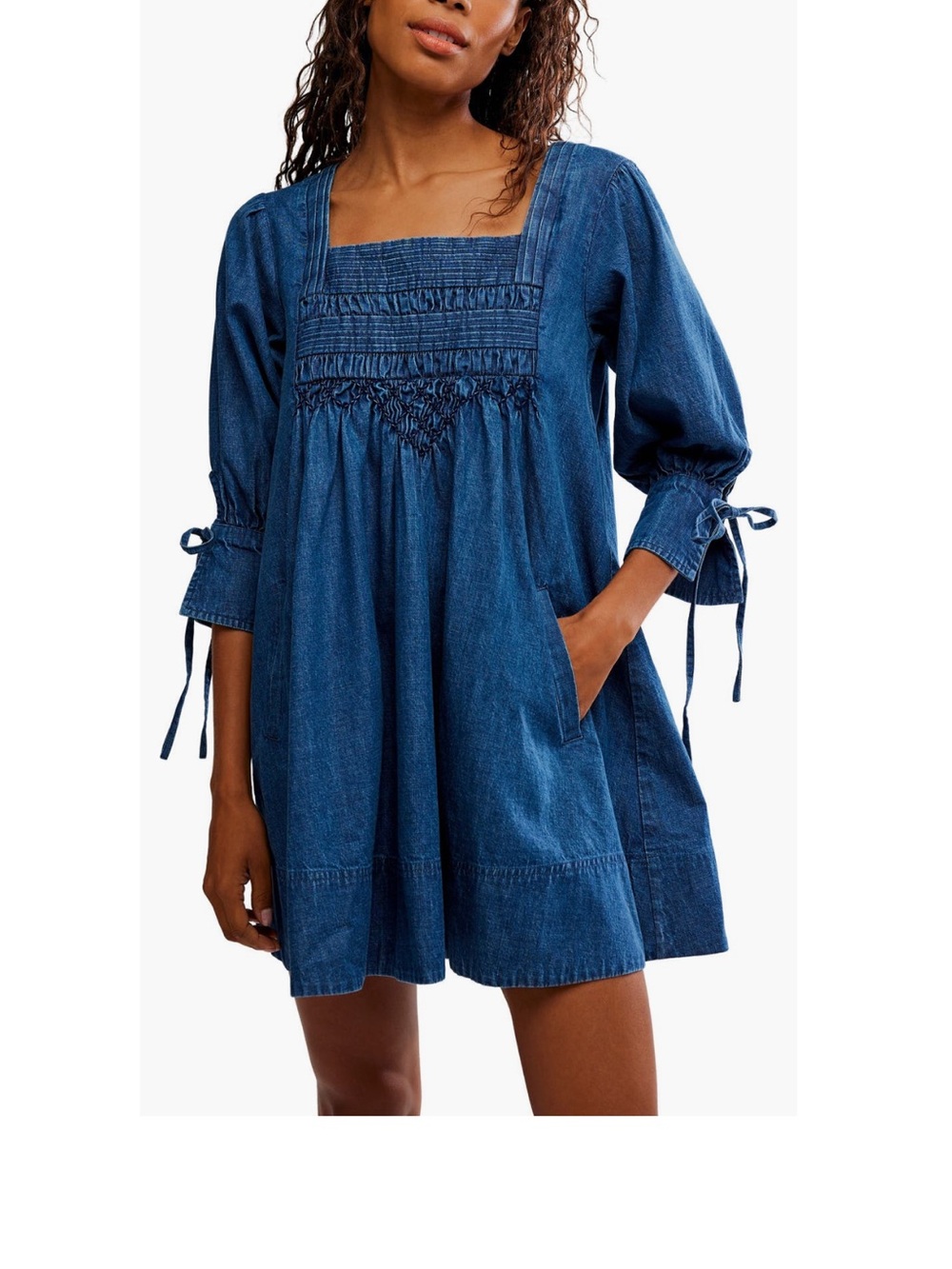 🆕 Free People Indigo Denim Smocked Square-Neck Mini Dress